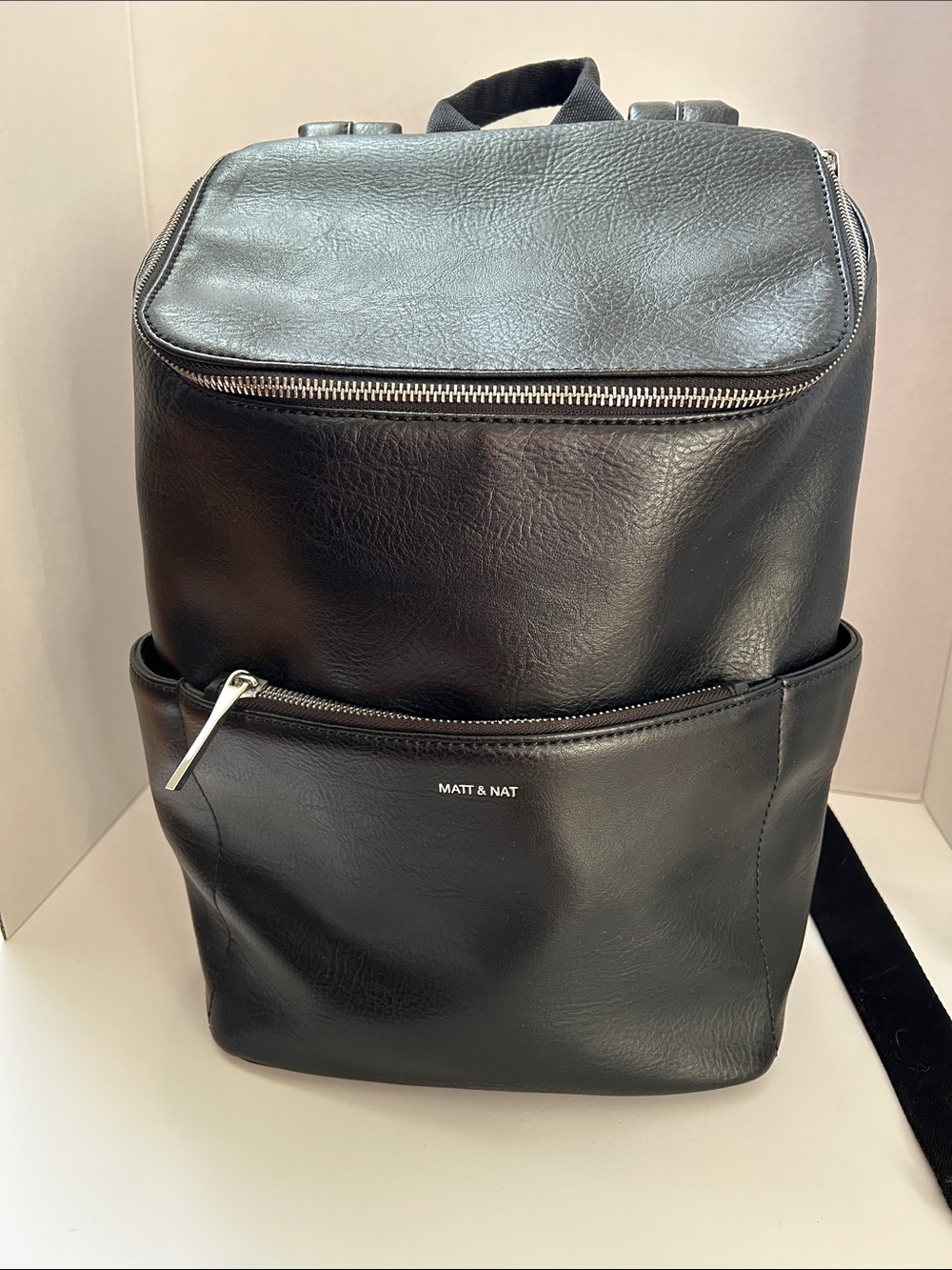 Matt & Nat Black Vegan Leather Backpack with Silver Zippers